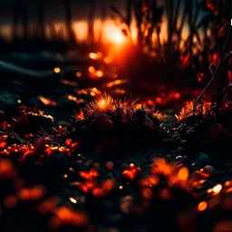 darkness ,backlight sunset, ember, bright colors, glowing sparkle particles, dark tone, sharp focus, high contrast, 8k, incredible depth, depth of field, dramatic lighting, beautifully intricate details, clean environment