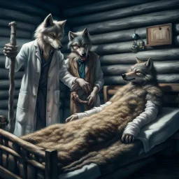old anthropomorphic wolf doctor looking overseeing an dark brown anthropomorphic wolf lying down on a wooden bed and while another anthropomorphic wolf helps doctor in full bodyhair stands by bed care and bandages his arms and leg on bed. detailed, cinematic, sci-fi, fantasy atmosphere, in blur background gray log wall in wooden room.