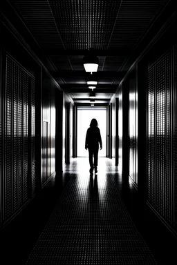 A girl walks down a dimly lit hospital corridor. The lights are not on everywhere. We see the girl's silhouette instead. Black in white.