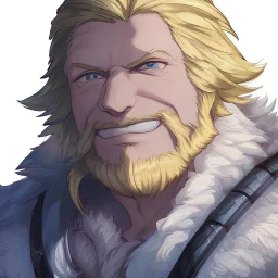 A nord male battlemage from Skyrim, partial steel nordic armor, blond hair of medium length, hearty, smiling, thick short beard, white snowy mountainous background