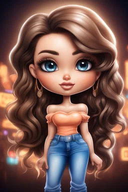 create an airbrush illustration of a chibi cartoon curvy white female wearing Tight blue jeans and a peach off the shoulder blouse. Prominent make up with long lashes and hazel eyes. She is wearing brown feather earrings. Highly detailed long black shiny wavy hair that's flowing to the side. Background of a night club.