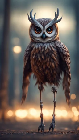 horror weird owl bear elk alien bird walking on stilts, getting hit by lightening electric arc, with big disturbed eyes,bokeh like f/0.8, tilt-shift lens 8k, high detail, smooth render, down-light, unreal engine, prize winning