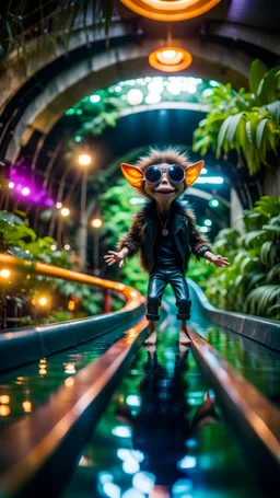 fish-eye photo of furry hairy pimp rocker alien on bridge over water slide magically levitating in dark lit reflective wet jungle hall hotel tunnel,bokeh like f/0.8, tilt-shift lens 8k, high detail, smooth render, down-light, unreal engine, prize winning