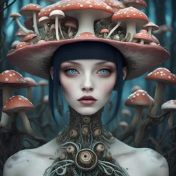 a close up of a person wearing a hat, natalie shau, a teen biopunk cyborg, andrei riabovitchev symmetrical, coherent eye, mushrooms grow from the body, inspired by Mykola Burachek, photo of a woman, irreverent characters, stylised comic art, metaverse, watcher, shot with Sony Alpha a9 Il and Sony FE 200-600mm f/5.6-6.3 G OSS lens, natural ligh, hyper realistic photograph, ultra detailed -ar 1:1 —q 2 -s 750)
