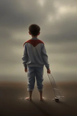 photorealistic painting of young boy looking out to see, old man dead on sand behind, dark clouds overhead, lightning, shopping trolley on side, dusk