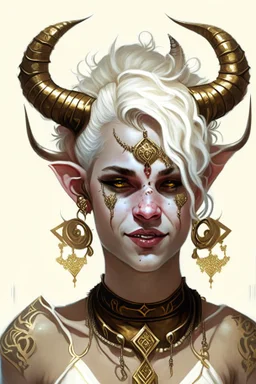 A young tiefling woman with a set of ram horns on her head encrusted with jewels, White-Blonde, short hair, black eyes, dressed in white and gold with lots of jewelry, beautiful, satanic tattoos on her neck, she is happy