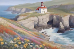 Rocky shoreline, steep pale rock cliffs, Lighthouse in the distance, Multi-colored wildflowers growing on top of the cliffs, hyperdetailed