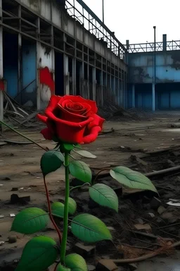 abanonded fluor factory with death look, and only one beautiful growing red rose on middle broken ground away from camera