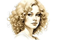 femme vintage, en entier, de face, cheveux blonds, frisés, , toute la chevelure visible, fond blanc, art numérique