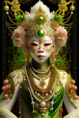 Beautiful Gecho green light pink and orange, Golden dust gradient and gold King front wiev textured detailes skin, portrait, wearing rococo style with hate adorned with white spiders, beads, gold dust pearls organic bio spinal ribbed detail of rococo floral, white and gold wicked background extremely detailed, athmoshpheric, hyperrealistic maximál