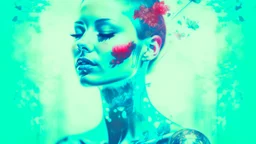 old retro photograph, light vignette, faded, worn and cracked, double exposure, surrealism, female humanoid from another world, red lips, half body, greenish blue pale transparent glowing skin, bald head, plants growing out of head, tattoo on head, alien transparent eyes, double exposure, hyperdetail, double exposure, Anna Razumovskaya, Anna Dittmann, Luis Royo, Neo-impressionism, expressionism, oil painting. Bold, detailed and textured brushstrokes reminiscent of Royo and Peter Coulson. Deep co