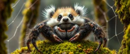 the high speed magical face of a fluffy panda crab spider yoga with charm in web from mossy tower, master oil painting by Rembrandt and Escher, in his moss covered space ship , brightened edges to give a sense of depth, motion blur