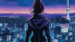 Clear Focus, High resolution, Beautiful girl standing backwards to a Cyberpunk skyline, comic style