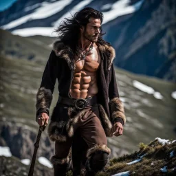 Handsome and muscular 30 year old shirtless mountain man long dark hair, dark fantasy, snow capped mountains