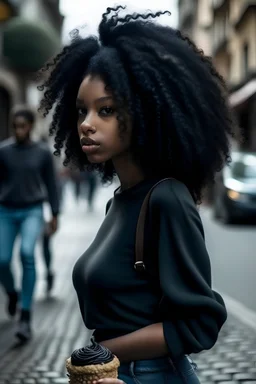 black ethiopian women, walking on the streets, wide hips,black curly hair, realtic, 4k. high quality, sad, eating cake