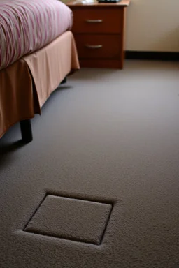 cheap motel room floor, barely visible square bed leg imprints in carpet, showing that furniture had been moved