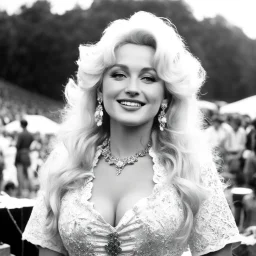 alluring young Dolly Parton on stage at Woodstock, she is 19 years old, Woodstock is well of mud and beatnik attendees, her long wavy blonde hair and her square jaws make her unique