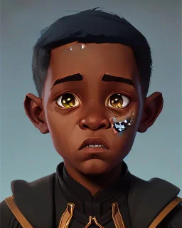 Portrait of a handsome black skinned toddler warlock boy with dark hair by Jim Kay