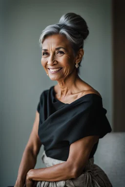 Portrait of a 60 year old Olive skinned woman with greying hair tied up in a bun, smiling