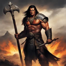 hammer: With a determined expression etched upon his face, Conan stands tall amidst the vastness of the steppe. He is a symbol of resilience and defiance, a force of nature that cannot be tamed. In his eyes burns the fire of a thousand battles, and with his warhammer held ready, he is prepared to unleash his wrath upon any who dare to challenge him.