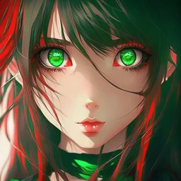 beautiful anime girl, red, nice, black, green eyes