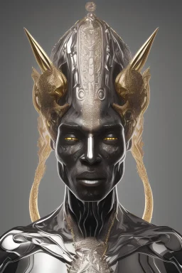 shiny black male African Egyptian alien, cracks in the voodoo head, wicked, eyes, crown, Elephant, 8k, finely detailed, photo realistic, tiger turquoise skull head gold dragon space alien snow skeleton gold hornytoad silver crown silver eyes