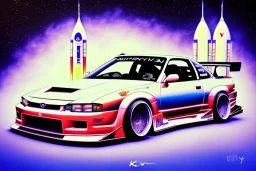 a true-to-life 1998 Nissan Silvia K's Rocket Bunny, centered, intricate, extreme detailed, photorealism, center view, city background, pivot on nissan, pen and color marker, painting by cheryl kelley