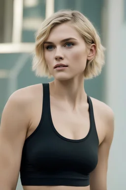 full color Portrait of 18-year-old prude Eliza Taylor with medium length pixie-cut blonde hair, tapered on the sides, wearing a black cotton sports bra and short - well-lit, UHD, 1080p, professional quality, 35mm photograph by Scott Kendall