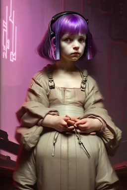 Little girl with violet hair in Cyberpunk wunderkammer painted by Rembrandt with unsane details, soft colors, lot of space around the girl with a lot of strange objects