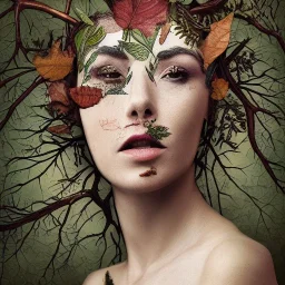 Queen body tattoo of leaves and gnarled branches extending past face and morphing into reality, color tattoo, 8k resolution, high-quality, fine-detail, intricate, digital art, detailed matte, volumetric lighting, illustration, octane render