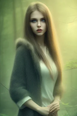 Beautiful pretty girl in picture in foggy forrest afternoon, 8k resolution, super hd detail realístic, fantasy