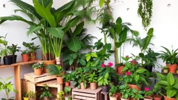 A photo of an indoor jungle with a variety of tropical plants. There are large plants with big leaves, like palms and ferns. There are also smaller plants with colorful flowers. The plants are placed in pots of different sizes and shapes. The pots are arranged on wooden shelves, crates, and the ground. The background is a white wall with a few holes.