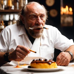 Charles Bukowski participate au meilleur pâtissier 2020, his cigarette in the mouth and a bottle of rhum for his dessert un épais flaming baba au rhum in fire