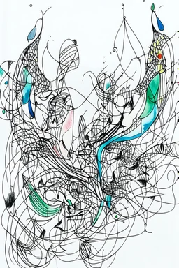 Ink drawing of abstract drawn , line drawing, white background, negative space, splashes of soft colours