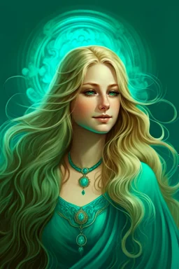 portrait of a goddess with long blond hair, warm-hearted, turquoise