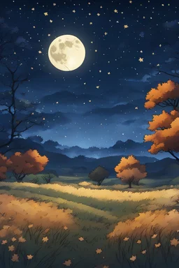 starry night with a full moon in a pasture during fall anime