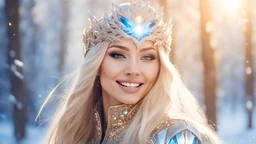 Photo realistic portrait of a gorgeous smiling skinny euro-asian goddess with a golden dark shining skin, long smooth blonde hair, blue eyes, in a sci-fi outfit with luminous strikes blowing a kiss in a snowy wood, a futuristic crystal palace with cupulas, sunrays through the branches at sunset, particles in the air in winter. Intricated details,