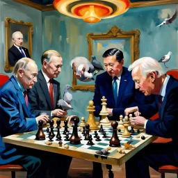 Putin, President Xi Of China And Joe Biden Play Chess With A Pigeon,Ufo And Atomic Bomb Mushroom Cloud,Complex Surgical Instruments Intermixed With A Newborn Boy,Minimalism,Painting By Adrian Ghenie,Rene Magritte,Pablo Picasso,Michelangelo,Salvador Dali,Lucian Freud