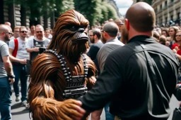 Chewbacca perdido en la gran ciudad, entre el bullicio de la gente fotografía, disparo cámara Leica, primer plano