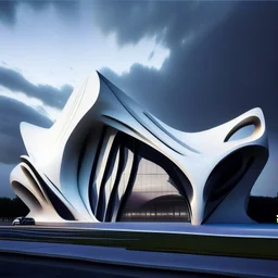 Fachada frontal de un museo estilo Zaha Hadid calidad ultra 12k