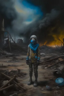 a mesmerizing post-apocalyptic world, the sky filled with stars at night, broken buildings surrounded by debris, the floor is covered with dirt and iridescent oil, a sense of beauty and destruction. An acrylic painting of a lone woman wearing highly detailed safety clothes, wearing a gas mask, aanstanding on a barren. (Acrylic painting by MSchiffer showcasing the meticulous brushstrokes and depth of colors.) Acrylic paint blobs in relief, The pollution looks almost like glowy northern lights in