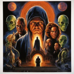 what god wants, its only Dogma the alien prophet cried, voodoo shrines, surrealism, modern complex movie poster art by Drew Struzan, by John Stephens, bleeding deep colors, detailed matte oil painting, olpntng style.