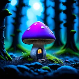 "Close up of a wonderful tiny Mushroom Tower home. Magenta and indigo with bright white, deep black and contrasting tones of gray magenta and violet colors. Illuminated bioluminescent forest. Professional painter, master at composition. small but detailed. broken, blurred background, voluminous lighting"