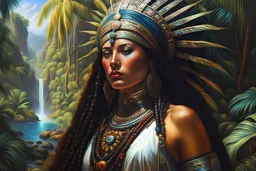 create a classical-abstract-realist sci-fi fantasy full body portrait painting of a nomadic tribal priestess with highly defined facial features, in a lush tropical landscape in the style of Donato Giancola, Hans Memling, Titian, and Caravaggio, 8k, highly detailed, otherworldly and fantastic
