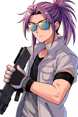 male cyberpunk solo with long hair tail, Norwegian, Wearing Leisureware and mirrored sunglasses, armed, wearing gloves without fingers, lean, nice, correct hands, 90s Anime Style, Retroanime, Video Game Character,