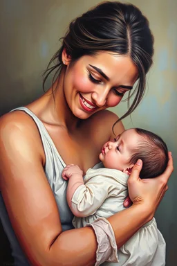 A tenderly embracing portrait of a mother and her baby, the scene radiates with pure love and deep emotional connection. The oil on canvas masterpiece captures the intimate moment with exquisite detail - the mother's gentle smile, the baby's chubby cheeks, and the shared warmth in their eyes. This heartwarming image exudes affection and tenderness in every brushstroke, with a flawless blend of colors that brings the scene to life in vivid, soul-stirring beauty.