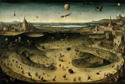 View of Elysium with dark female flying around over people running away in fear, creatures crawling, Hieronymus Bosch