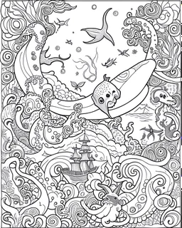 Pirates of the Caribbean: Mystical Sea Creatures Coloring Extravaganza: Craft a whimsical coloring page inspired by the Pirates of the Caribbean movie, showcasing an enchanting underwater scene teeming with a variety of sea creatures. Encourage young artists to dive into their imagination as they bring fantastical beings like mermaids, sea monsters, and mystical creatures to life in black and white. This coloring page provides a magical and creative experience for kids to explore the depths of t