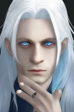 Realistic young man, long white hair covering one eye, blue eye, has rings on his hand, pale skin, slim bit fit