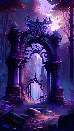 An ancient abandoned city gate in a forest that has grown over the city over the centuries in high fantasy style that gives off a cozy vibe, only blueish and reddish/purple hue